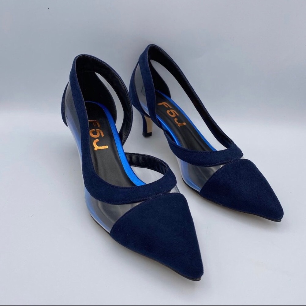 FSJ Blue suede Clear Heels Stiletto Heel Pumps